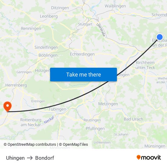 Uhingen to Bondorf map