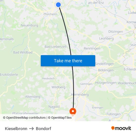 Kieselbronn to Bondorf map