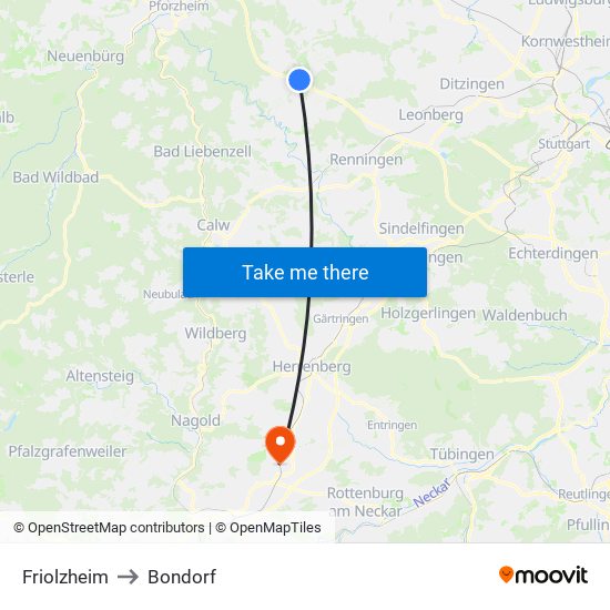 Friolzheim to Bondorf map