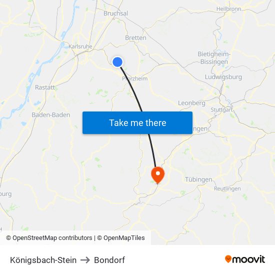 Königsbach-Stein to Bondorf map