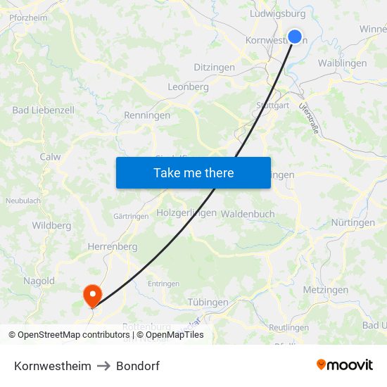 Kornwestheim to Bondorf map