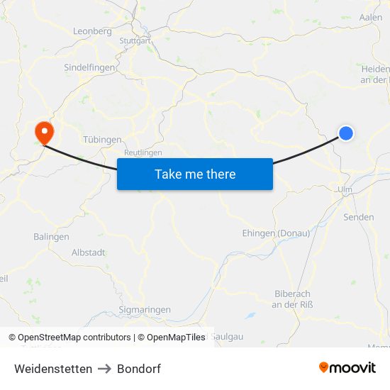 Weidenstetten to Bondorf map