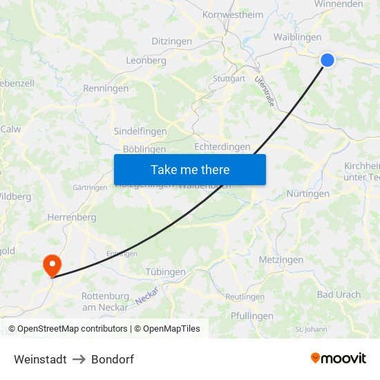 Weinstadt to Bondorf map
