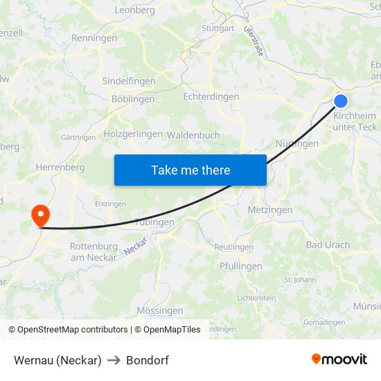 Wernau (Neckar) to Bondorf map