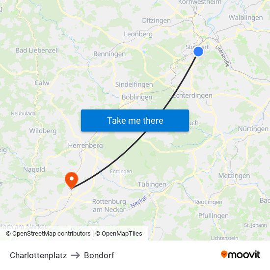 Charlottenplatz to Bondorf map