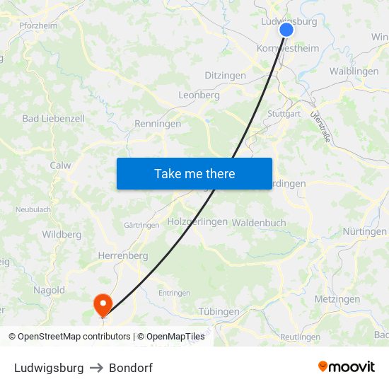 Ludwigsburg to Bondorf map