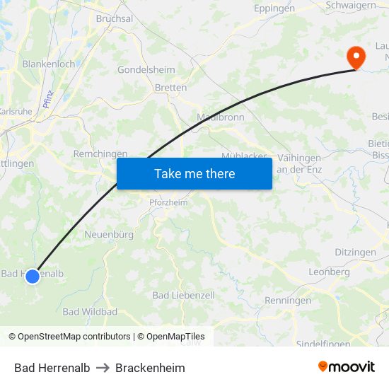 Bad Herrenalb to Brackenheim map