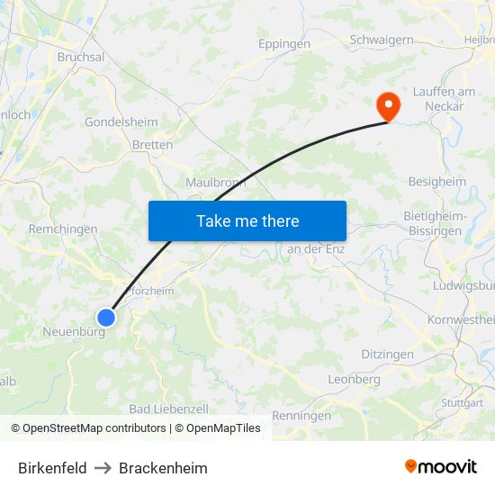 Birkenfeld to Brackenheim map