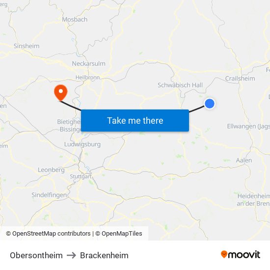 Obersontheim to Brackenheim map