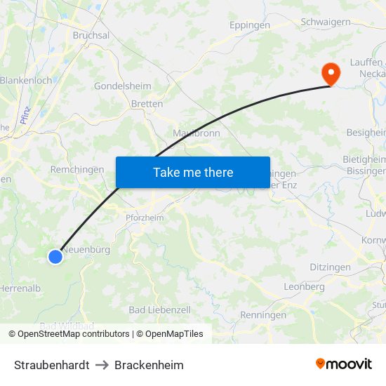 Straubenhardt to Brackenheim map