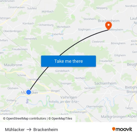 Mühlacker to Brackenheim map