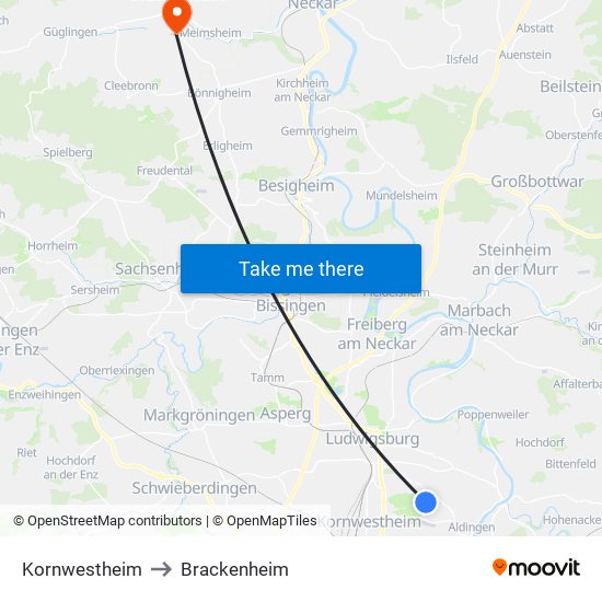 Kornwestheim to Brackenheim map