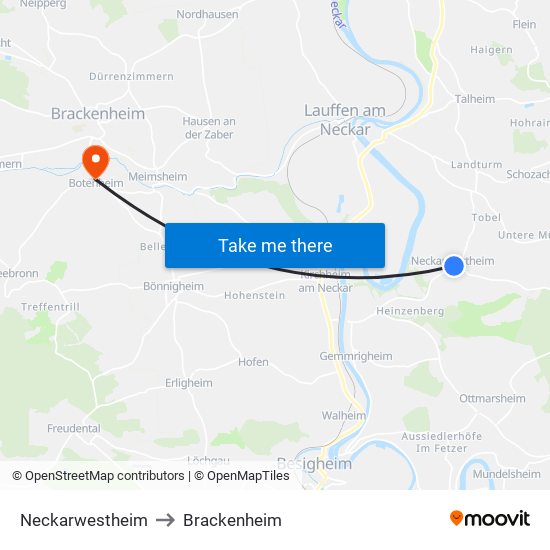 Neckarwestheim to Brackenheim map