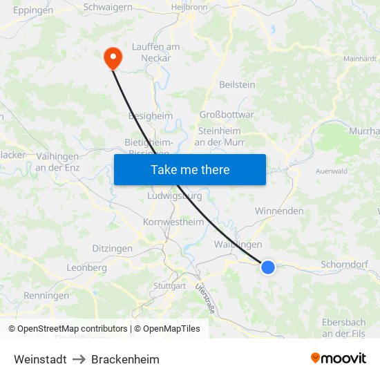 Weinstadt to Brackenheim map