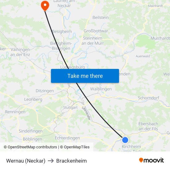 Wernau (Neckar) to Brackenheim map