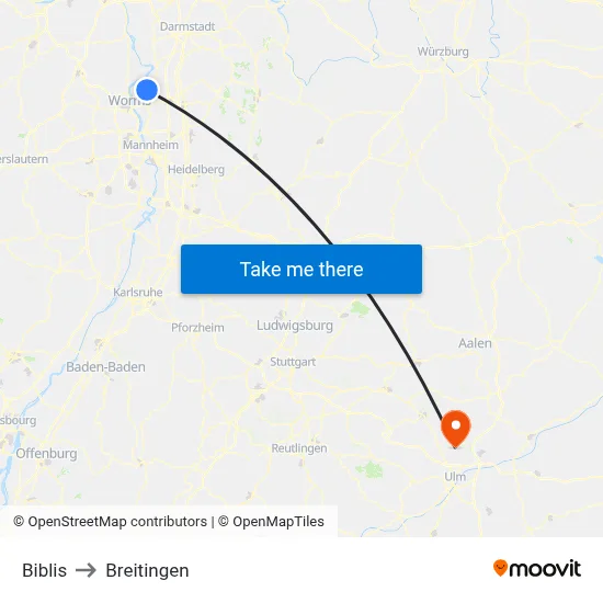 Biblis to Breitingen map