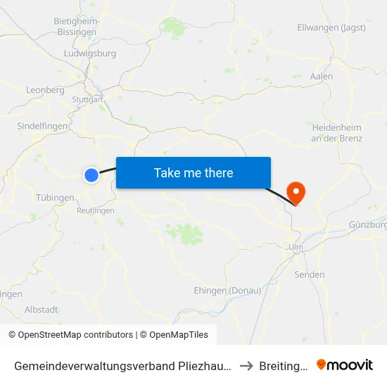 Gemeindeverwaltungsverband Pliezhausen to Breitingen map