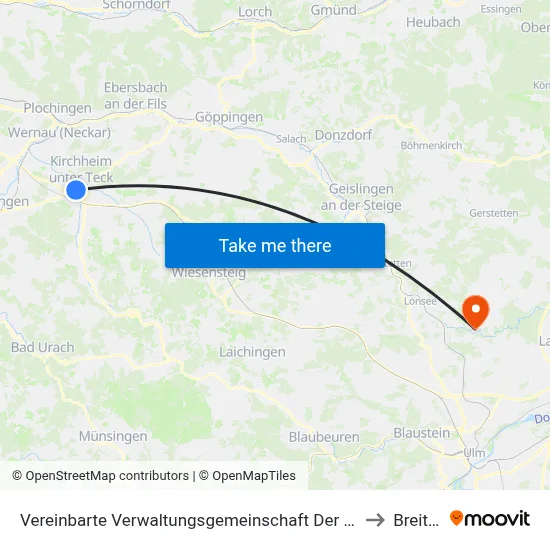 Vereinbarte Verwaltungsgemeinschaft Der Stadt Kirchheim Unter Teck to Breitingen map