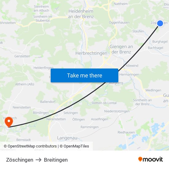 Zöschingen to Breitingen map