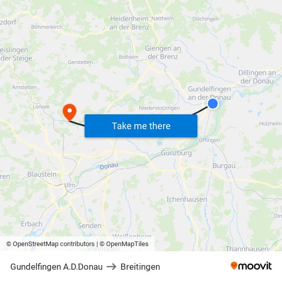 Gundelfingen A.D.Donau to Breitingen map