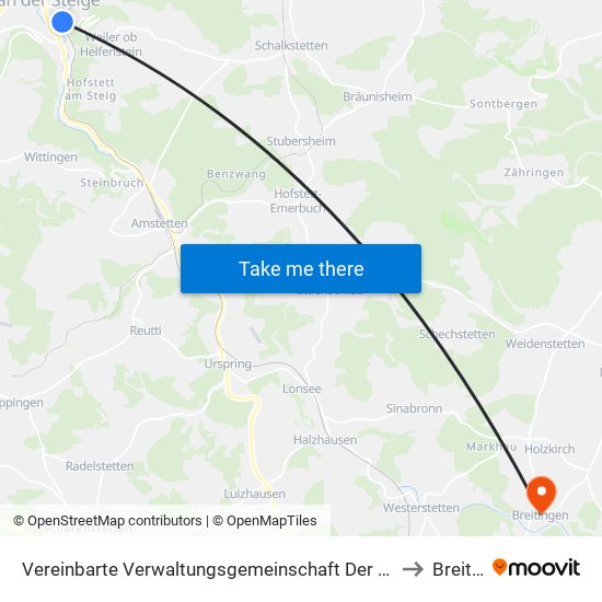 Vereinbarte Verwaltungsgemeinschaft Der Stadt Geislingen An Der Steige to Breitingen map