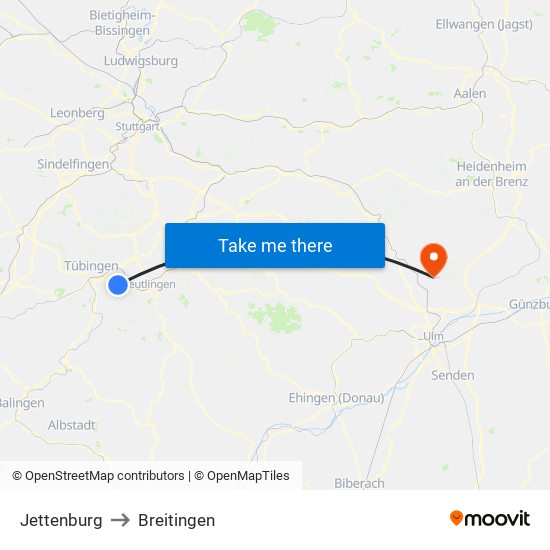 Jettenburg to Breitingen map