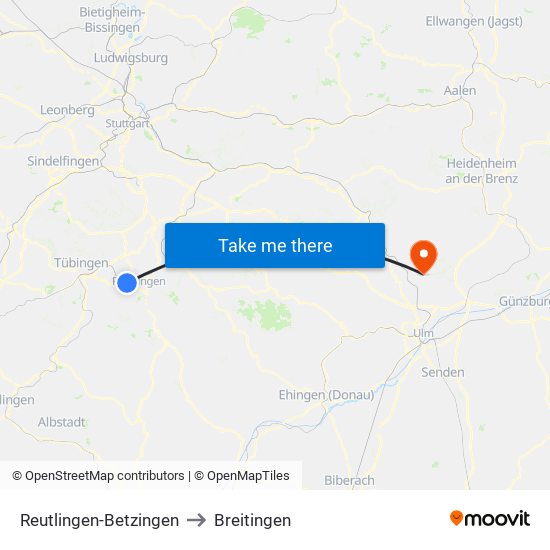 Reutlingen-Betzingen to Breitingen map