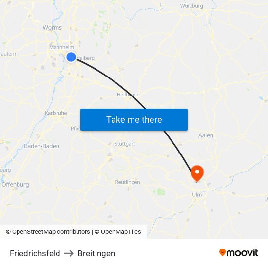 Friedrichsfeld to Breitingen map