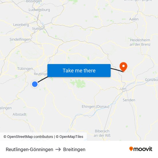 Reutlingen-Gönningen to Breitingen map