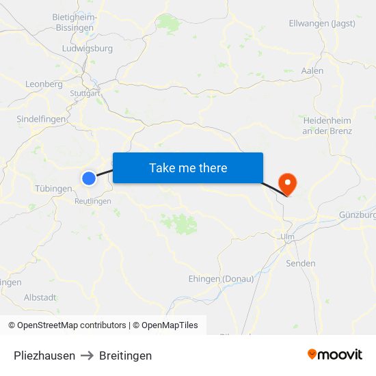 Pliezhausen to Breitingen map