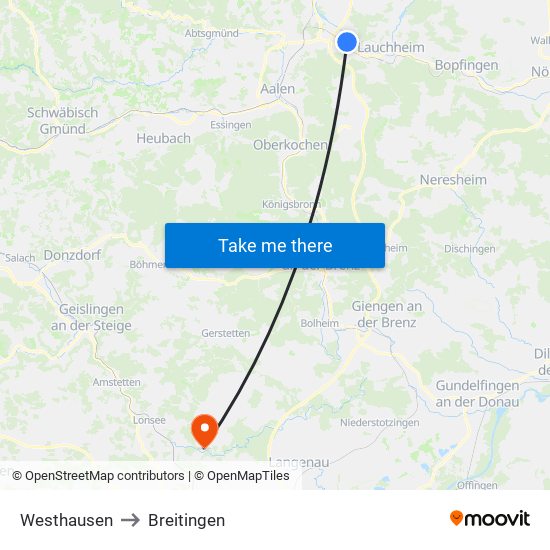 Westhausen to Breitingen map