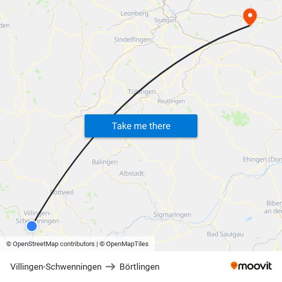 Villingen-Schwenningen to Börtlingen map