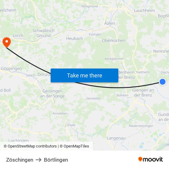 Zöschingen to Börtlingen map
