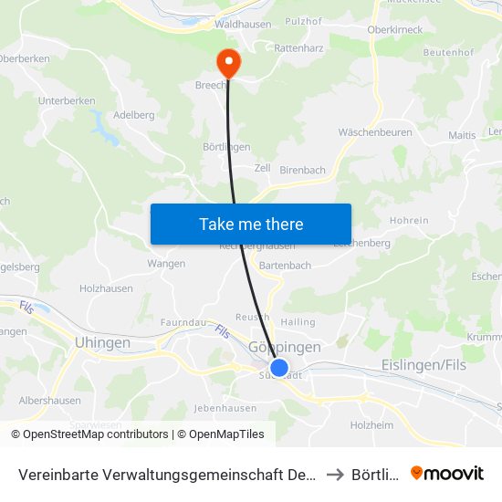 Vereinbarte Verwaltungsgemeinschaft Der Stadt Göppingen to Börtlingen map