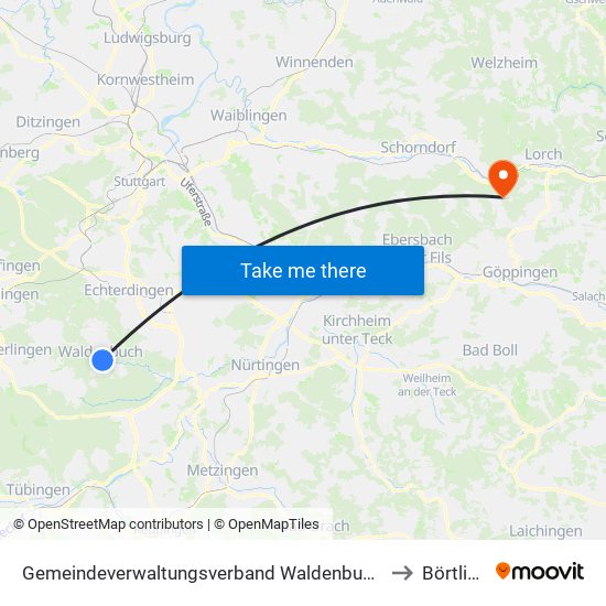 Gemeindeverwaltungsverband Waldenbuch/Steinenbronn to Börtlingen map