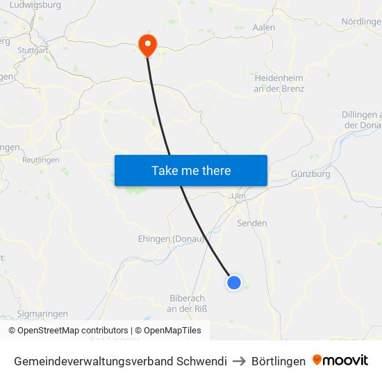 Gemeindeverwaltungsverband Schwendi to Börtlingen map