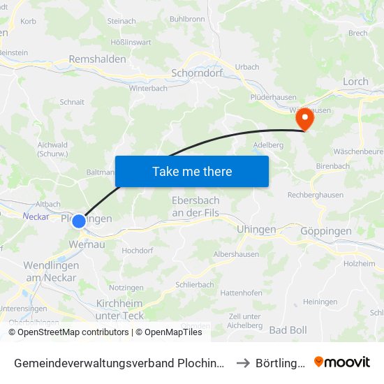 Gemeindeverwaltungsverband Plochingen to Börtlingen map