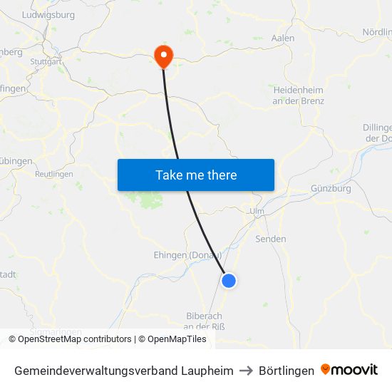 Gemeindeverwaltungsverband Laupheim to Börtlingen map