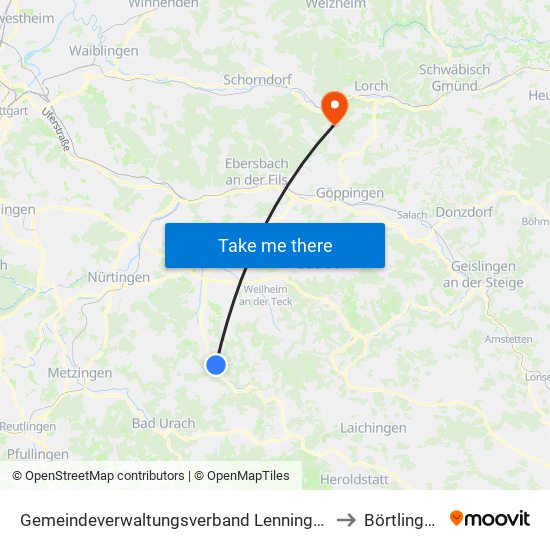 Gemeindeverwaltungsverband Lenningen to Börtlingen map