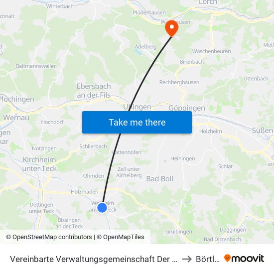 Vereinbarte Verwaltungsgemeinschaft Der Stadt Weilheim An Der Teck to Börtlingen map