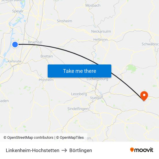 Linkenheim-Hochstetten to Börtlingen map