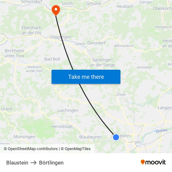 Blaustein to Börtlingen map