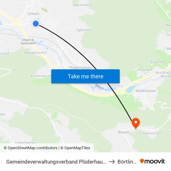 Gemeindeverwaltungsverband Plüderhausen-Urbach to Börtlingen map