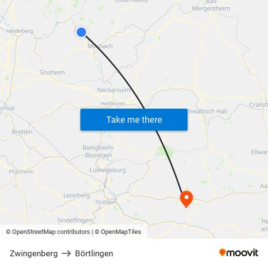 Zwingenberg to Börtlingen map