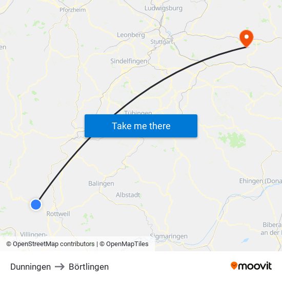 Dunningen to Börtlingen map