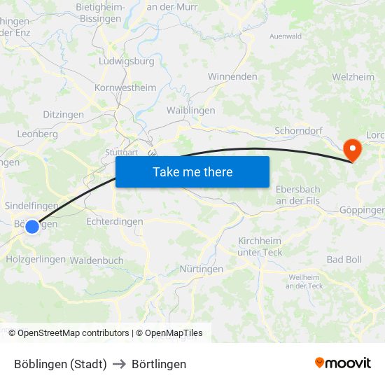 Böblingen (Stadt) to Börtlingen map