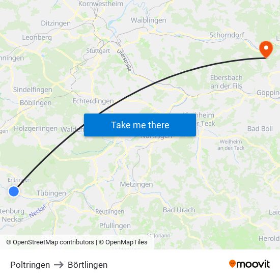 Poltringen to Börtlingen map