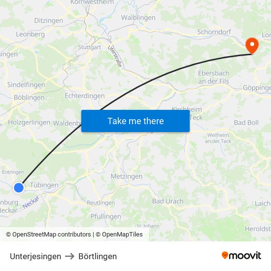 Unterjesingen to Börtlingen map