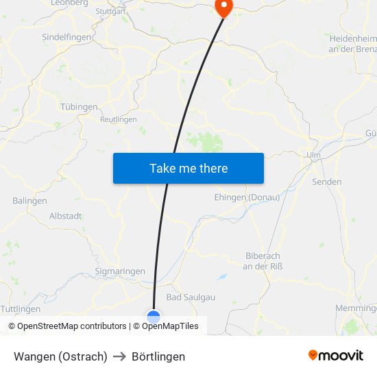 Wangen (Ostrach) to Börtlingen map