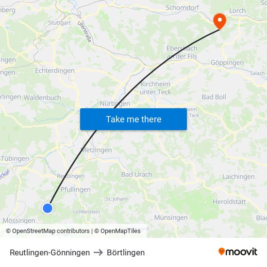 Reutlingen-Gönningen to Börtlingen map